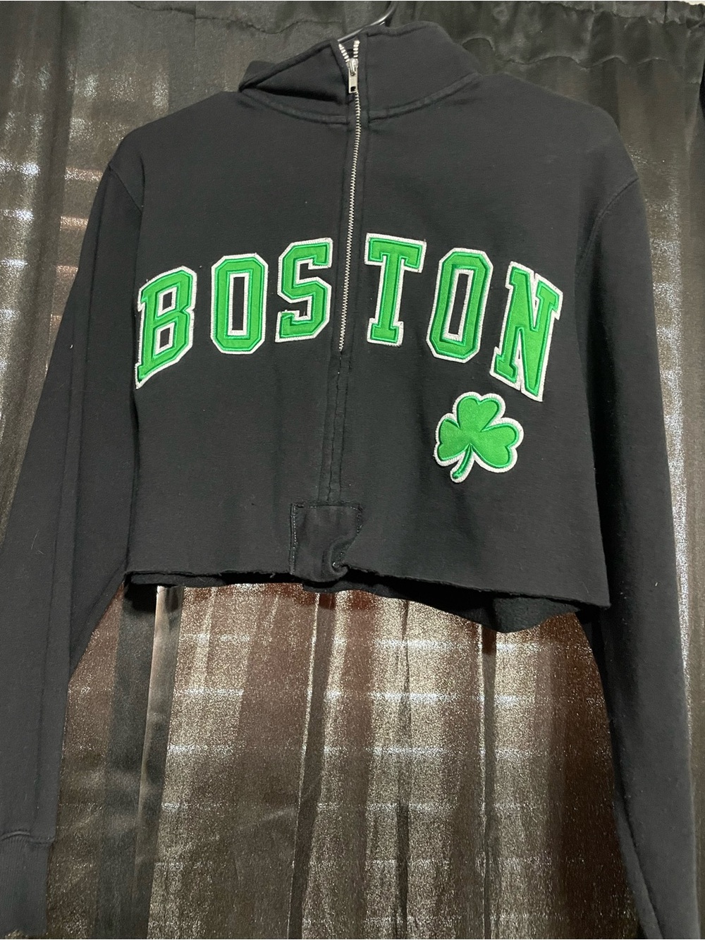 Boston Cropped Zip-Up Sweatshirt with Shamrock